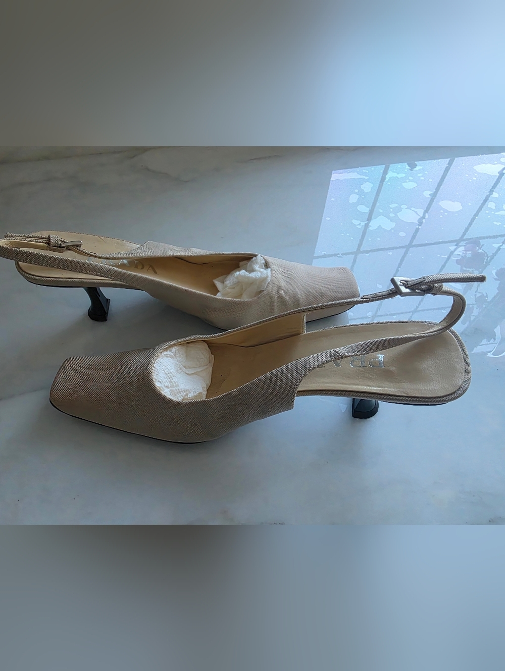 Prada Beige Slingback Heels Kitten Heel Square Toe Pumps Size 39 - Picture 2 of 6